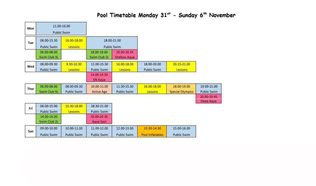 Leisure Centre Pool Timetable.