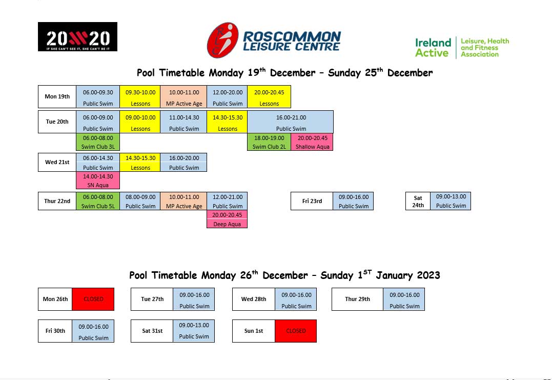 Leisure Centre Pool Timetable.