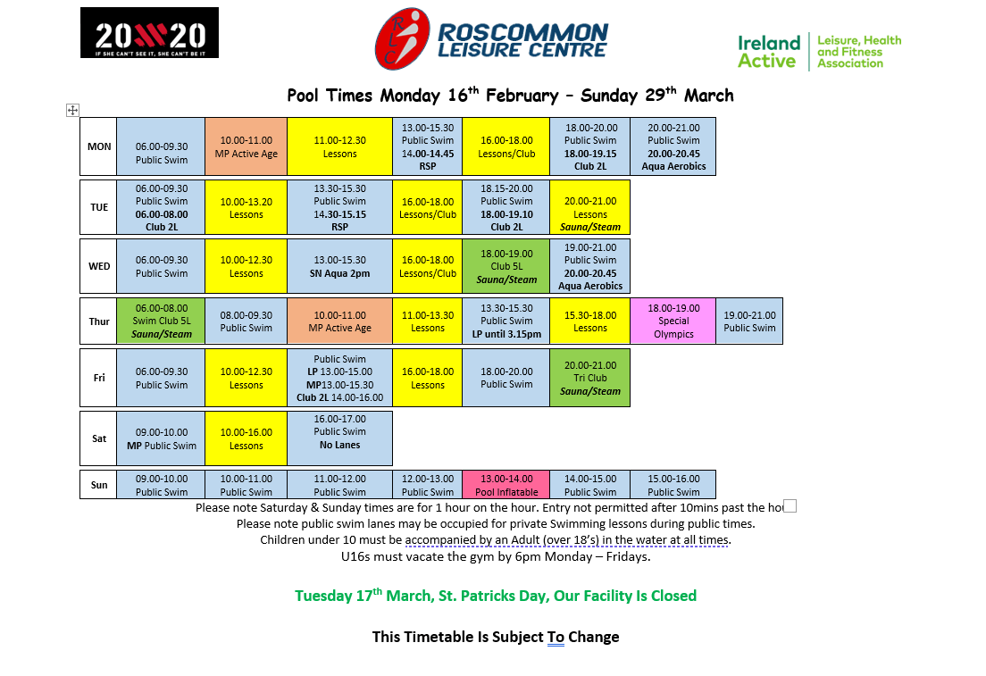 POOL TIMETABLE