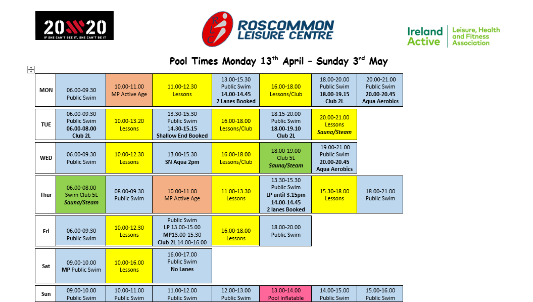 pool timetable Roscommon Leisure Centre